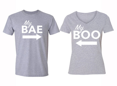 Free Shipping Matching Couples Family My Bae My Boo Love Matching Couple Men Women Crewneck V-Neck  T-shirt Gray