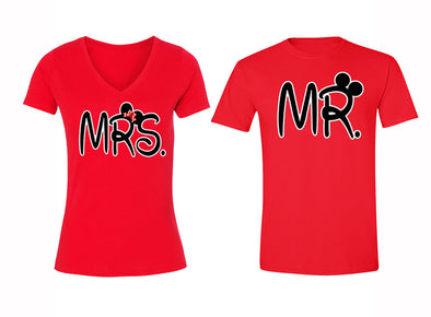 Free Shipping Matching Couples Family Mr Mrs Husband Wife Love Matching Couple Men Women Crewneck V-Neck  T-shirt Red