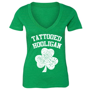 Free Shipping Womens St. Patrick's Day Saint Paddy Drunk shirt Tattooed Hooligan Shamrock Clover Irish Women Short Sleeve V-Neck T-Shirt