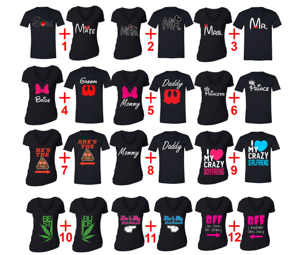 Free Shipping Matching Couples Family Valentine's Day Love Best Friends  Matching Couple Men Women Crewneck V-Neck  T-shirt Black Group 3
