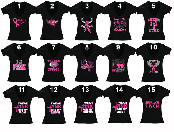 Free Shipping Womens Breast Cancer Awareness Fight Love Cure Pink Support Ribbon Survivor Hope V-Neck T-shirt Black