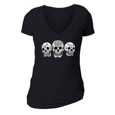 Free Shipping Womens 3 White Skulls Sugar Skull Day of the Dead Dia de los Muertos Mexican Heritage Halloween Gothic V-Neck Black
