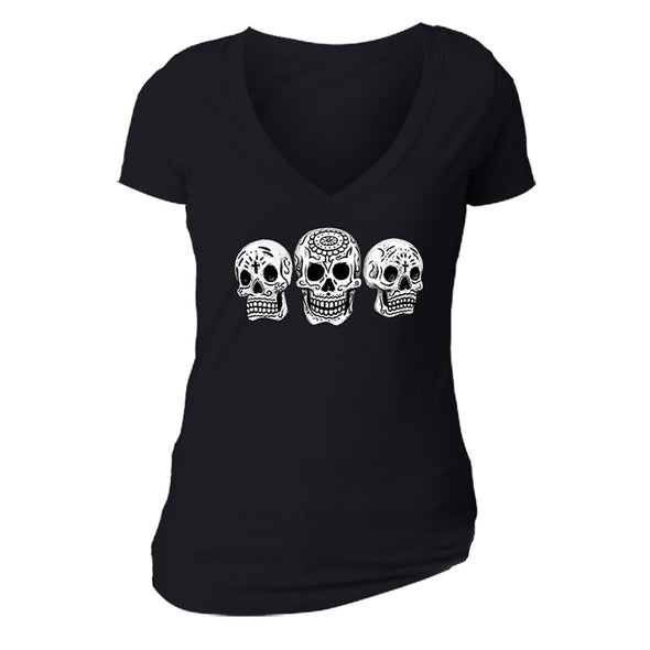 Free Shipping Womens 3 White Skulls Sugar Skull Day of the Dead Dia de los Muertos Mexican Heritage Halloween Gothic V-Neck Black
