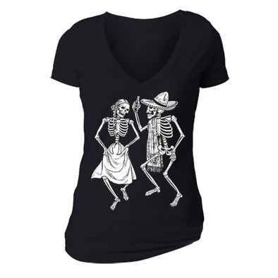Free Shipping Womens 2 Dancing Skeletons Sugar Skull Day of the Dead Dia de los Muertos Mexican Heritage Halloween Gothic Party V-Neck Black