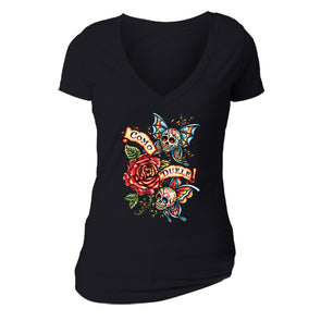 Free Shipping Womens Como Duele Butterfly Sugar Skull Day of the Dead Dia de los Muertos Mexican Heritage Rose Love Halloween V-Neck Black