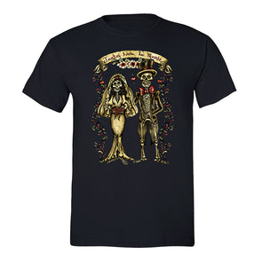Free Shipping Mens Juntos Bride Groom Skeletons Sugar Skull Day of the Dead Dia de los Muertos Mexican Heritage  Halloween T-Shirt Black