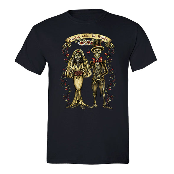 Free Shipping Mens Juntos Bride Groom Skeletons Sugar Skull Day of the Dead Dia de los Muertos Mexican Heritage  Halloween T-Shirt Black