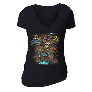 Free Shipping Womens La Catrina Sugar Skull Day of the Dead Dia de los Muertos Mexican Heritage Rose Love Hat Halloween V-Neck Black