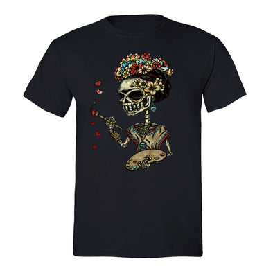 Free Shipping Mens Frieda Kahlo Skeleton Paint Sugar Skull Day of the Dead Dia de los Muertos Mexican Heritage Flowers Love  T-Shirt Black