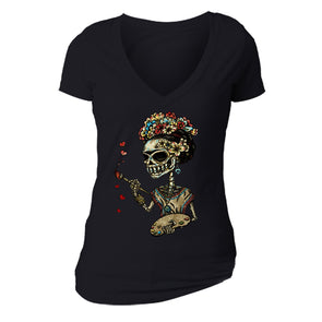 Free Shipping Womens Frieda Kahlo Skeleton Paint Sugar Skull Day of the Dead Dia de los Muertos Mexican Heritage Love Flowers V-Neck Black