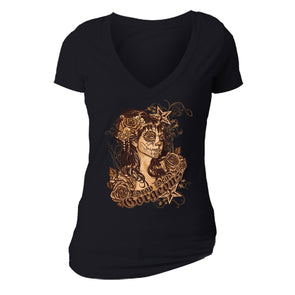 Free Shipping Womens Drop Dead Gorgeous Skeleton Sugar Skull Day of the Dead Dia De Los Muertos Mexican Heritage Copper V-Neck Black