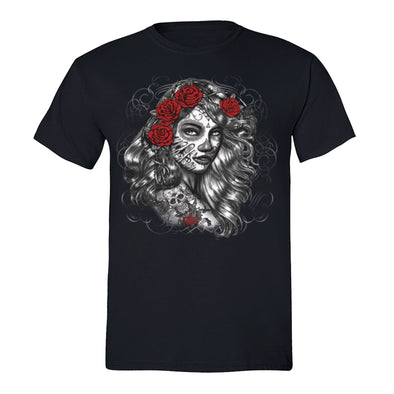 Free Shipping Mens Los Muertos Girl Red Flowers Sugar Skull Day of the Dead Dia de los Muertos Mexican Heritage Rose Love T-Shirt Black