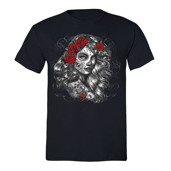 Free Shipping Mens Los Muertos Girl Red Flowers Sugar Skull Day of the Dead Dia de los Muertos Mexican Heritage Rose Love T-Shirt Black