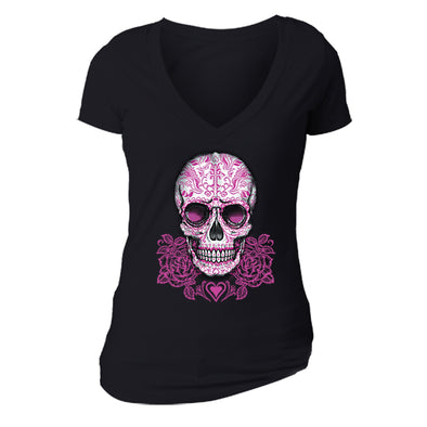 Free Shipping Womens Skull Pink Roses Sugar Skull Day of the Dead Dia de los Muertos Mexican Heritage Rose Love Halloween V-Neck Black