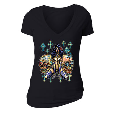 Free Shipping Womens Pink-up Girl 2 Cross Sugar Skull Day of the Dead Dia de los Muertos Mexican Heritage Rose Love  Halloween V-Neck Black
