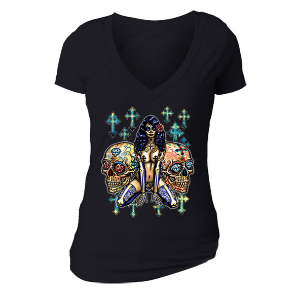 Free Shipping Womens Pink-up Girl 2 Cross Sugar Skull Day of the Dead Dia de los Muertos Mexican Heritage Rose Love  Halloween V-Neck Black