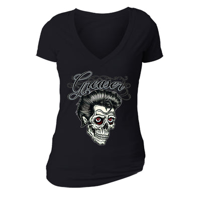 Free Shipping Womens Greaser Skull Skeleton Sugar Skull Day of the Dead Dia De Los Muertos Revolution Heritage Hair V-Neck T-Shirt Black