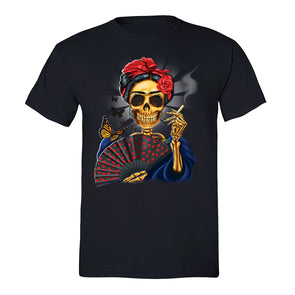 Free Shipping Mens Woman Skeleton Smoking Fan Butterfly Sugar Skull Day of the Dead Dia de los Muertos Mexican Heritage T-Shirt Black