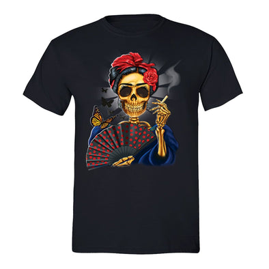 Free Shipping Mens Woman Skeleton Smoking Fan Butterfly Sugar Skull Day of the Dead Dia de los Muertos Mexican Heritage T-Shirt Black