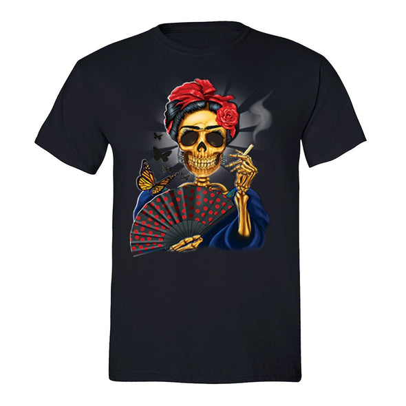 Free Shipping Mens Woman Skeleton Smoking Fan Butterfly Sugar Skull Day of the Dead Dia de los Muertos Mexican Heritage T-Shirt Black