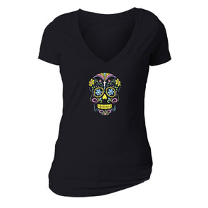 Free Shipping Womens Yellow Sugar Skull Neon Sugar Skull Day of the Dead Dia de los Muertos Mexican Heritage Heart V-Neck T-Shirt  Black