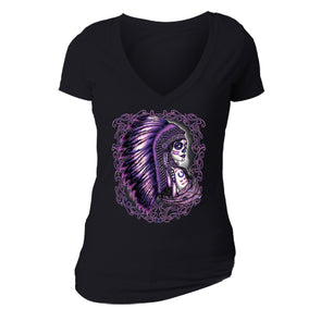 Free Shipping Womens Purple Chief Woman Sugar Skull Day of the Dead Dia de los Muertos Mexican Heritage Headdress V-Neck T-Shirt Black