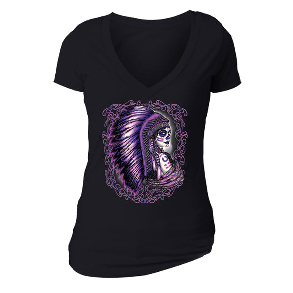 Free Shipping Womens Purple Chief Woman Sugar Skull Day of the Dead Dia de los Muertos Mexican Heritage Headdress V-Neck T-Shirt Black