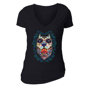 Free Shipping Womens Pit Bull Day of the Dead Sugar Skull Dia de Los Muertos Dog Lover Halloween Party Animal Holiday Bandana  V-Neck Black