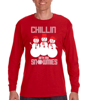 Free Shipping Mens Chillin with my Snowmies Snowman Ugly Christmas Sweater Snowflake Frost Elf Party Winter Ho Ho Long Sleeve T-shirt Red