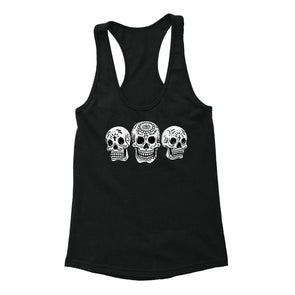 Free Shipping Womens 3 White Skulls Sugar Skull Day of the Dead Dia de los Muertos Mexican Heritage Halloween Gothic Racerback Tanktop Black