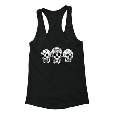 Free Shipping Womens 3 White Skulls Sugar Skull Day of the Dead Dia de los Muertos Mexican Heritage Halloween Gothic Racerback Tanktop Black