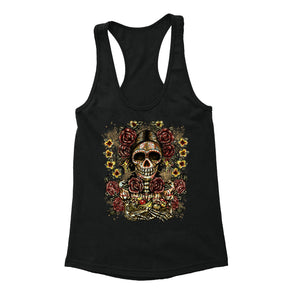 Free Shipping Womens Skeleton Woman Flower Fruit Sugar Skull Day of the Dead Dia de los Muertos Mexican Heritage Racerback Tanktop Black