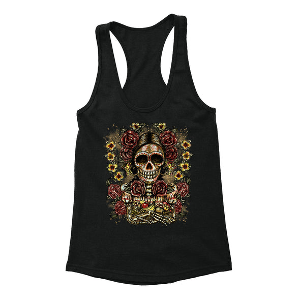 Free Shipping Womens Skeleton Woman Flower Fruit Sugar Skull Day of the Dead Dia de los Muertos Mexican Heritage Racerback Tanktop Black