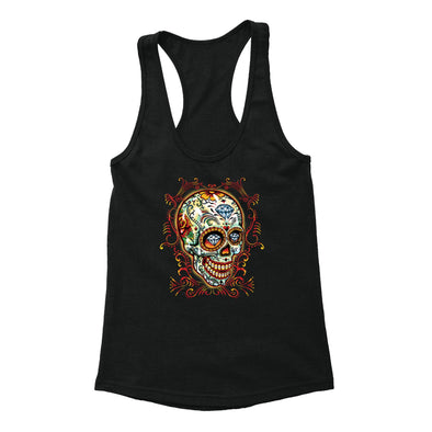 Free Shipping Womens Pinstripes Sugar Skull Day of the Dead Dia de los Muertos Mexican Heritage Rose Love Halloween  Racerback Tanktop Black