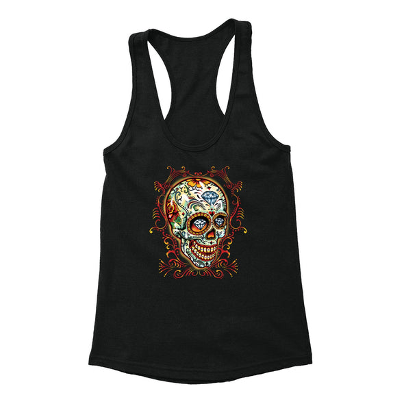 Free Shipping Womens Pinstripes Sugar Skull Day of the Dead Dia de los Muertos Mexican Heritage Rose Love Halloween  Racerback Tanktop Black