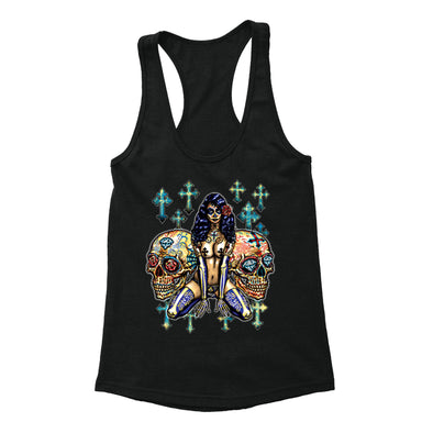 Free Shipping Womens Pink-up Girl 2 Cross Sugar Skull Day of the Dead Dia de los Muertos Mexican Heritage  Halloween Racerback Tanktop Black