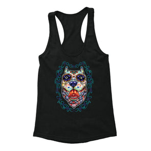 Free Shipping Womens Pit Bull Day of the Dead Sugar Skull Dia de Los Muertos Dog Lover Halloween  Animal Bandana Racerback Tanktop Black