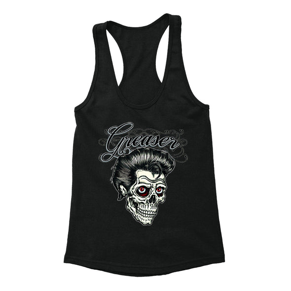 Free Shipping Womens Greaser Skull Skeleton Sugar Skull Day of the Dead Dia De Los Muertos Revolution Heritage Racerback Tanktop Black