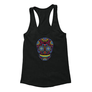 Free Shipping Womens Black Sugar Skull Neon Sugar Skull Day of the Dead Dia de los Muertos Mexican Heritage Racerback Tanktop Black