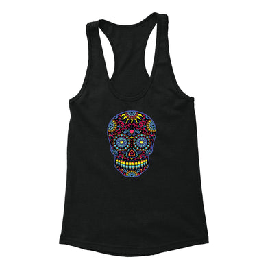 Free Shipping Womens Black Sugar Skull Neon Sugar Skull Day of the Dead Dia de los Muertos Mexican Heritage Racerback Tanktop Black