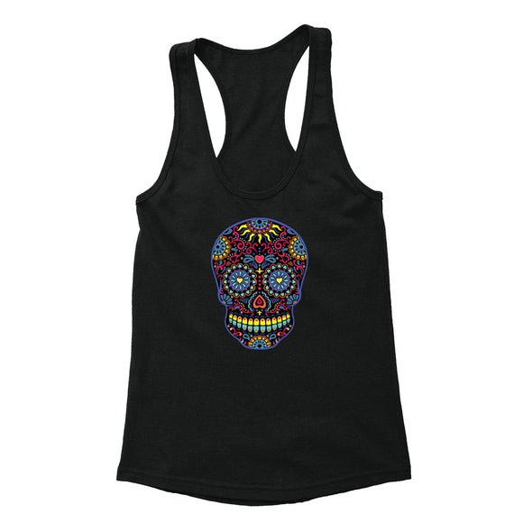 Free Shipping Womens Black Sugar Skull Neon Sugar Skull Day of the Dead Dia de los Muertos Mexican Heritage Racerback Tanktop Black