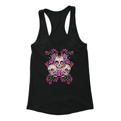 Free Shipping Womens 3 Sugar Skulls Pink Flowers Day of the Dead Dia de los Muertos Mexican Heritage Halloween Roses Racerback Tanktop Black