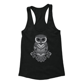 Free Shipping Womens Line Art Owl Day of the Dead Sugar Skull Dia de Los Muertos Animal Lover Mexican Heritage Racerback Tanktop Black