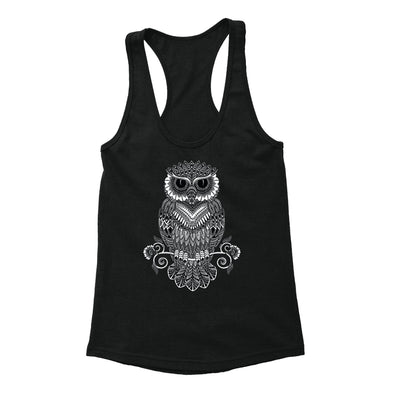 Free Shipping Womens Line Art Owl Day of the Dead Sugar Skull Dia de Los Muertos Animal Lover Mexican Heritage Racerback Tanktop Black