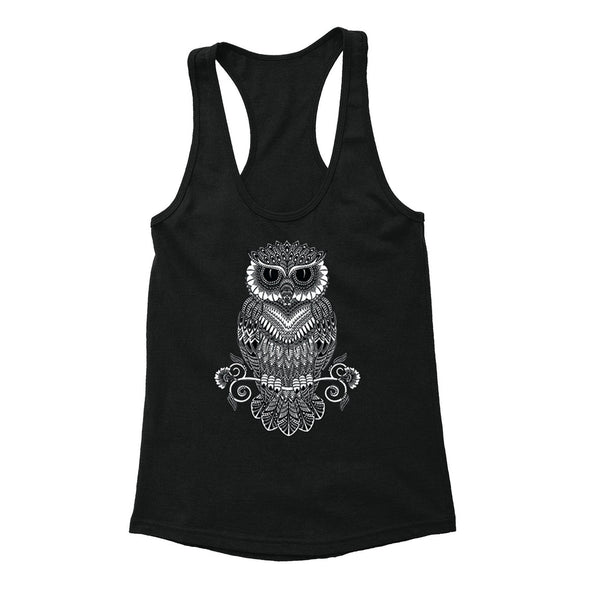 Free Shipping Womens Line Art Owl Day of the Dead Sugar Skull Dia de Los Muertos Animal Lover Mexican Heritage Racerback Tanktop Black