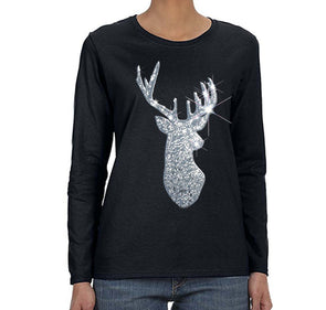 Free Shipping Womens Silver Reindeer Sequins Christmas Santa Winter Sparkle Holiday Sleigh Ho Ho Party Gift Elf Snow Long Sleeve T-shirt