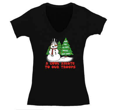 Free Shipping Womens Snowman Salute Our Troops Army Navy Marines Air Force Military Christmas Sweater Santa Tree Winter V-Neck T-Shirt