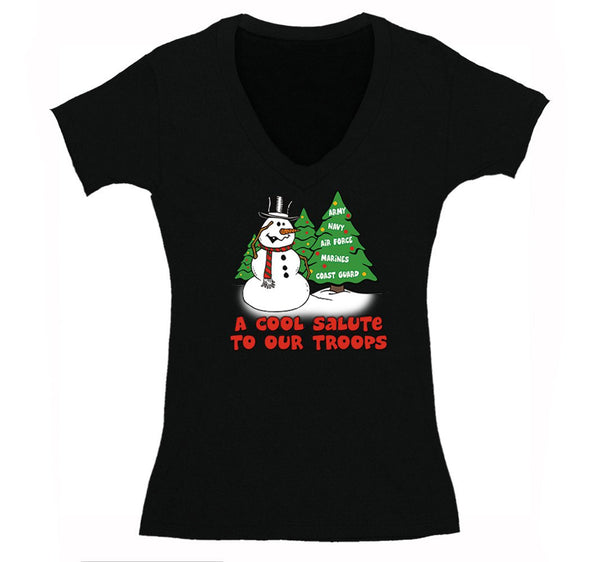 Free Shipping Womens Snowman Salute Our Troops Army Navy Marines Air Force Military Christmas Sweater Santa Tree Winter V-Neck T-Shirt