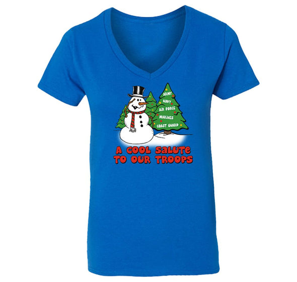Free Shipping Womens Snowman Salute Our Troops Army Navy Marines Air Force Military Christmas Sweater Santa Tree Winter V-Neck T-Shirt