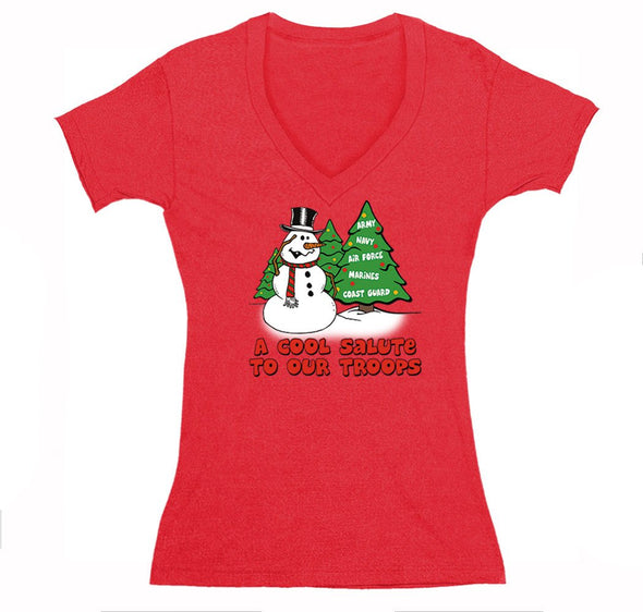 Free Shipping Womens Snowman Salute Our Troops Army Navy Marines Air Force Military Christmas Sweater Santa Tree Winter V-Neck T-Shirt